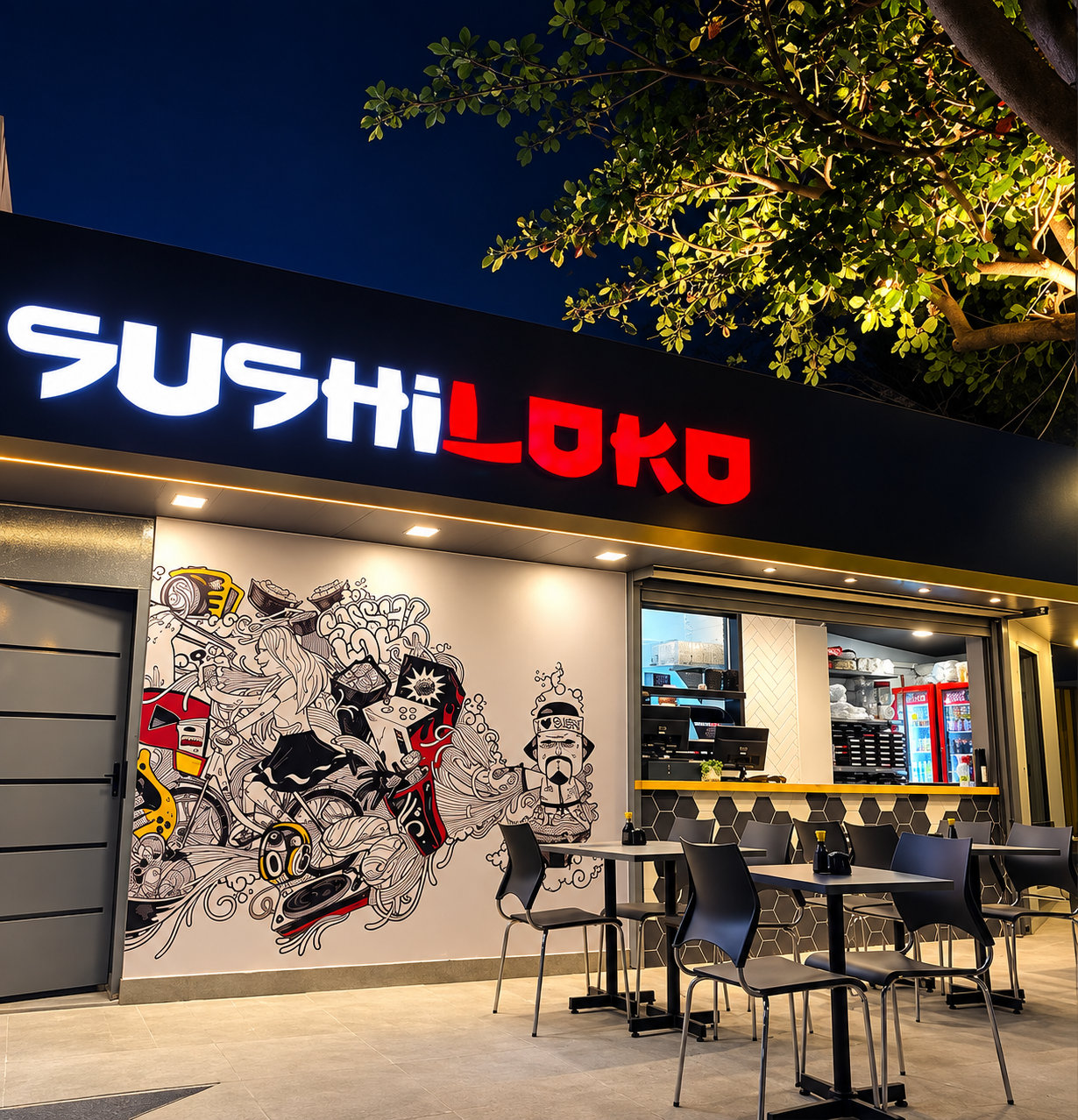 Fachada iluminada da Sushiloko